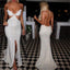 Sexy Spaghetti White Sequin Backless Long Mermaid Side Slit Prom Dresses, BG0141