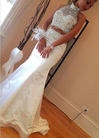 Two Pieces High Neck Sparkle Rhinestone White Beaded Mermaid Satin Prom Dresses, BG0142
