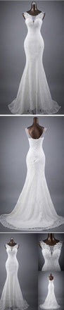 Elegant Sleeveless Mermaid Lace Up Popular White Lace Wedding Dresses, WDY0134