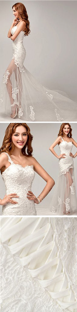 Chic Design One Shoulder Lace Top See Through Sexy Mermaid Lace Up Wedding Dresses, WDY0126