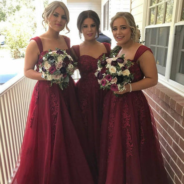 Popular Red Strap Long A-line Lace Tulle Bridesmaid Dresses Long Wedding Guest Dresses,Bridesmaid Dresses,WGY0168