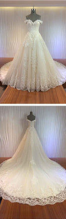 Gorgeous Off Shoulder Sweetheart Zip Up Long A-line Lace Wedding Dresses, WDY0147