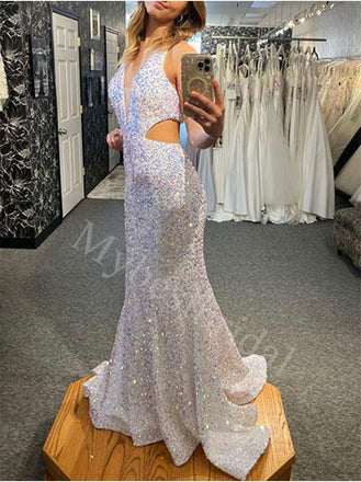 Sexy V-neck Sleeveless Mermaid Prom Dresses,PDS0867