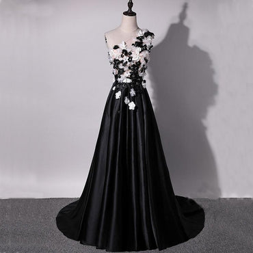 One Shoulder Handmade Flower Black A-line Long Evening Prom Dresses,Evening Dresses PDY0231