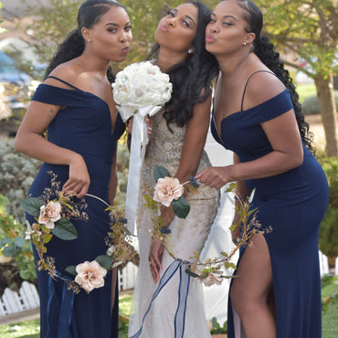 Mermaid Off-shoulder Side Slit Navy Blue Long Bridesmaid Dresses, BDS0146