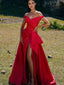 Simple Off-shoudler Red A-line Satin Long Prom Dresses, PDS0287