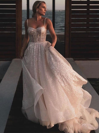 Sparkly Spaghetti Straps A-line Tulle Long Cheap Wedding Dresses, WDS0018
