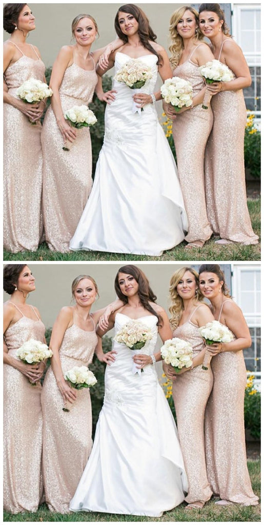 Spaghetti Straps Cheap Long Sequin Gold Bridesmaid Dresses With Sleeves, WGY0285