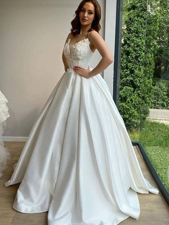 Spaghetti Straps V Neck A-line Satin Simple Wedding Dresses Online, WDY0255
