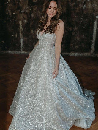 Sparkly V-neck A-line Simple Open Back Wedding Dresses With Long Train. WDS0104