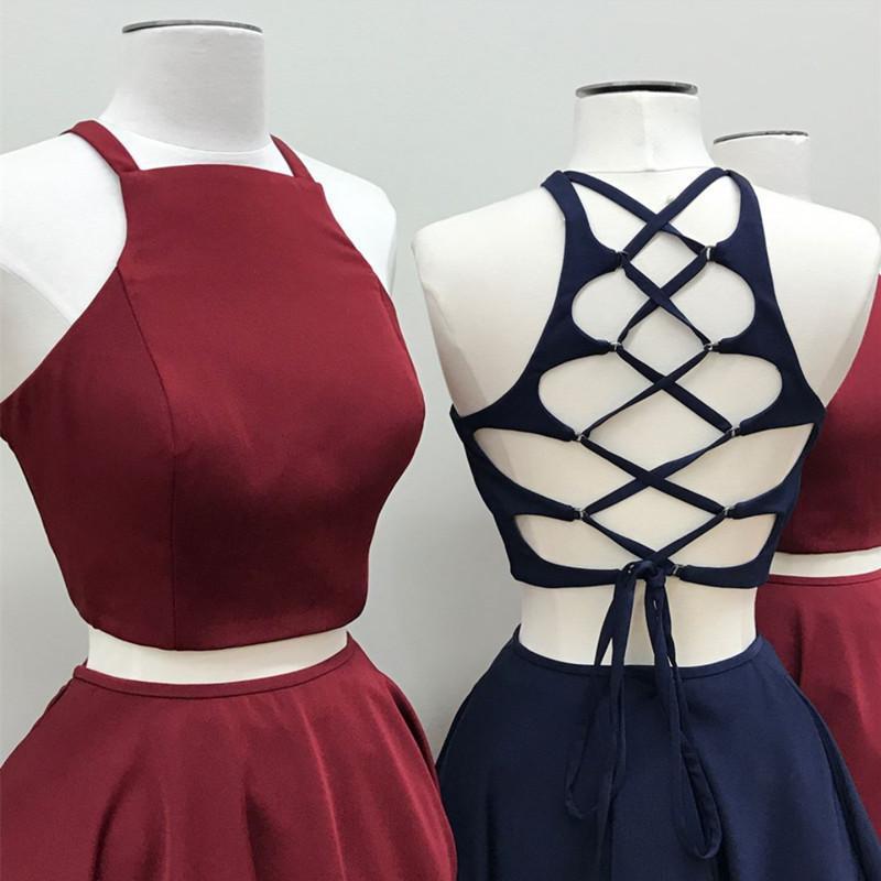 Simple Two Pieces Halter Burgundy Cheap Short Homecoming Dresses 2018, BDY0338