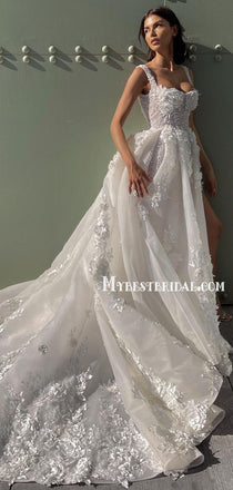 Newest Spaghetti Straps A-line Lace Appliques Side Slit Wedding Dresses,WDS0122