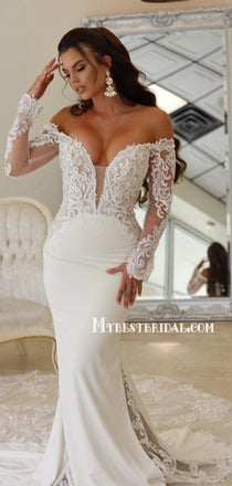 Sexy Off-shoulder Long Sleeve Mermaid Long Wedding Dresses, WDS0085
