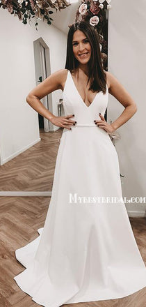 Simple V-neck A-line Open Back Wedding Dresses. WDS0105