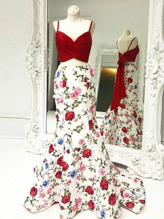 Two Piece Spaghetti Straps Red Prom Dress,Cheap Prom Dresses,PDY0553