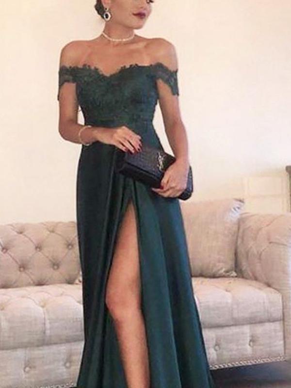 Off-the-Shoulder Dark Green Lace Long Prom Dresses ,Cheap Prom Dresses,PDY0452