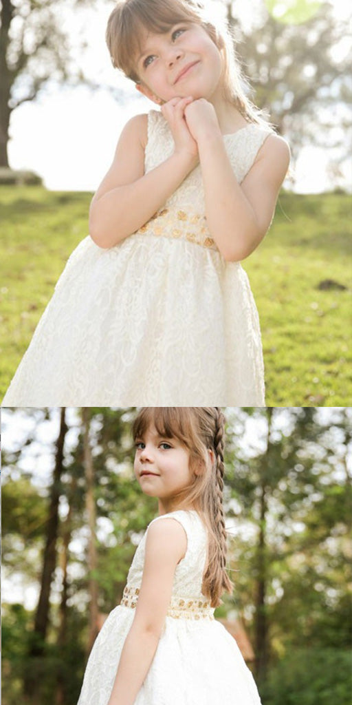 A-Line Open Back White Lace Flower Girl Dress with Sequins,Cheap Flower Girl Dresses ,FGY0232
