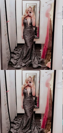 Mermaid V-neck Black Satin Prom Dresses,Cheap Prom Dresses,PDY0484