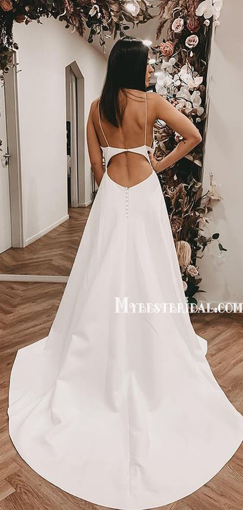 Simple V-neck A-line Open Back Wedding Dresses. WDS0105