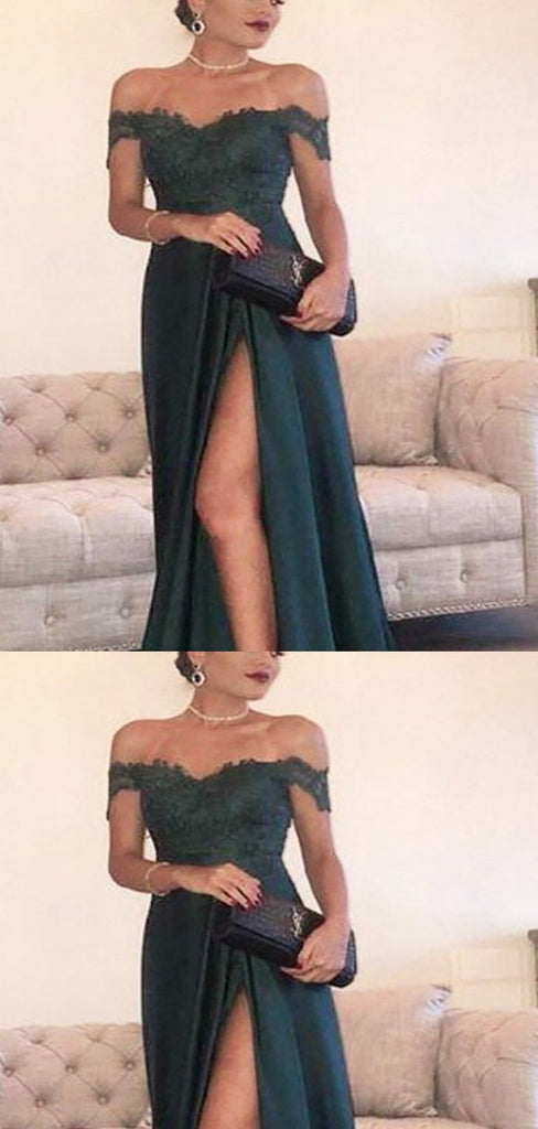 Off-the-Shoulder Dark Green Lace Long Prom Dresses ,Cheap Prom Dresses,PDY0452