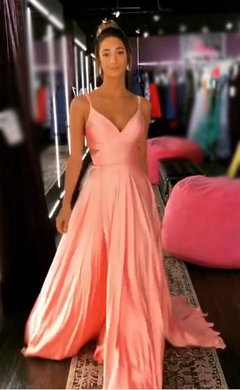 A-line Spaghetti Straps Pink Satin Long Prom Dresses,Cheap Prom Dresses,PDY0514