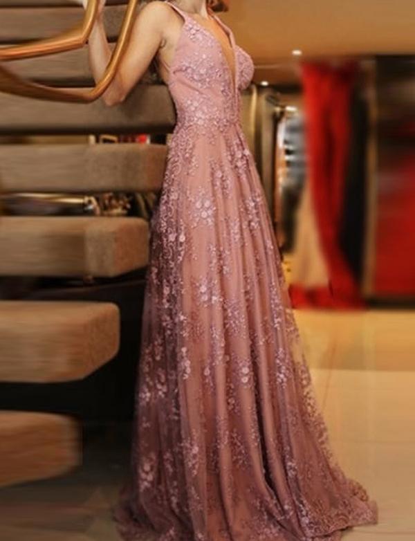 A-line V-neck Pink Lace Evening Dresses ,Cheap Prom Dresses,PDY0591