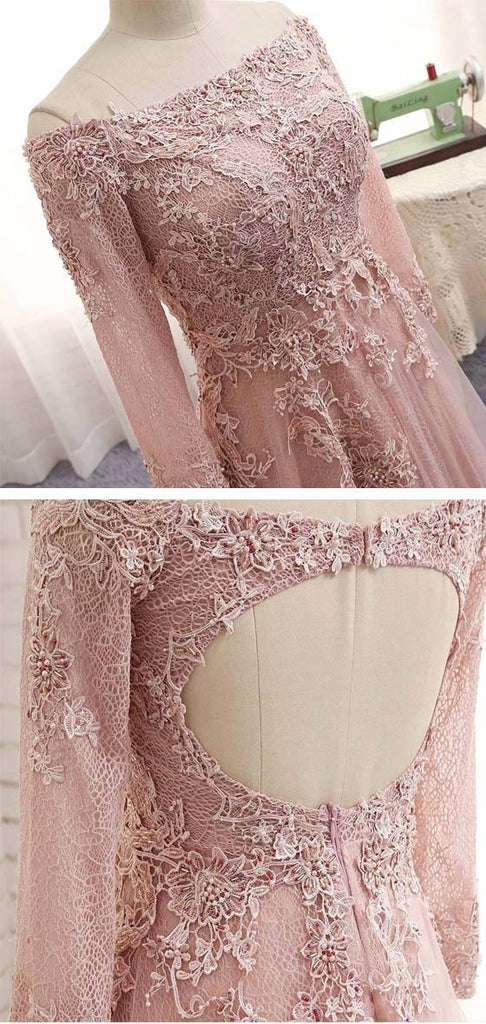 Off Shoulder Long Sleeve Lace Beaded Long A-line Open Back Prom Wedding Dresses, BG0153