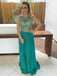 Scoop Neckline Rhinestone Open Back Green Chiffon Long A-line Prom Dresses, BG0155