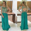 Scoop Neckline Rhinestone Open Back Green Chiffon Long A-line Prom Dresses, BG0155