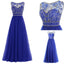 Scoop Neckline Navy Blue Rhinestone Beaded Long A-line Chiffon Prom Dresses, BG0157
