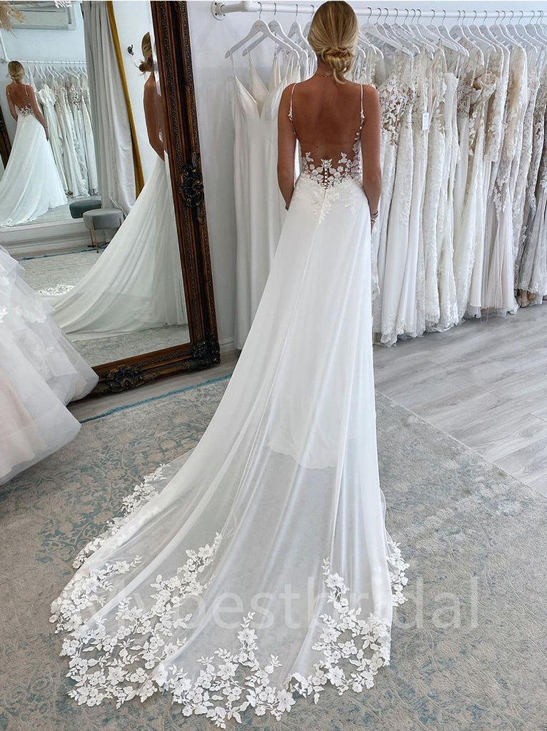 Simple Sexy Spaghetti straps V-neck Mermaid Lace applique Wedding Dresses, WDY0212