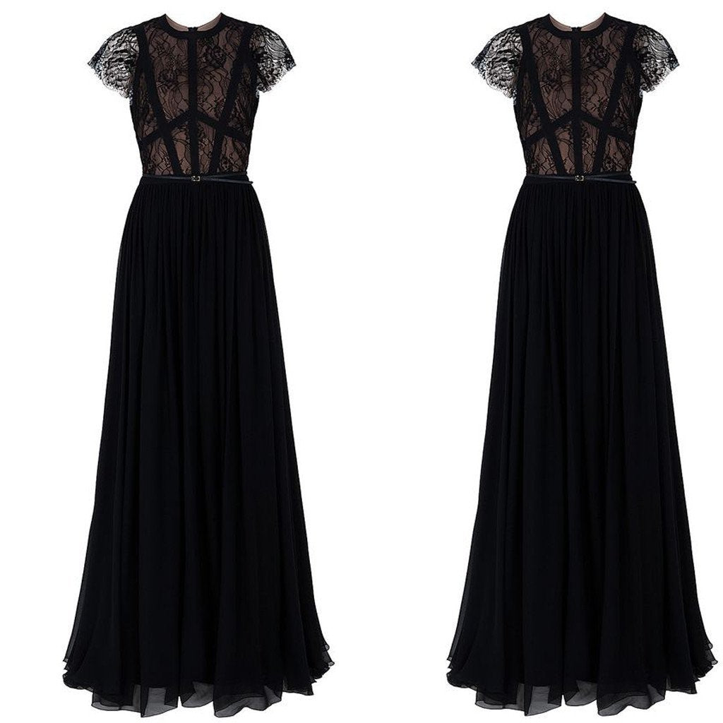 Sexy Black Lace Cap Sleeve Long A-line Chiffon Zip Up A-line Prom Dresses, BG0158