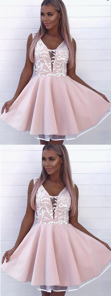 A-Line V-Neck Pink Satin Lace Homecoming Dresses ,Short Prom Dresses,BDY0280