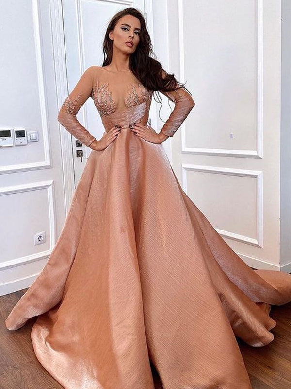 Simple Long Sleeve A-line Satin Tulle Long Prom Dresses, PDS0209