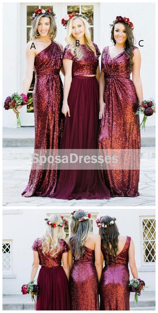 Dark Red Sequin Mismatched Custom Long Bridesmaid Dresses, WGY0250
