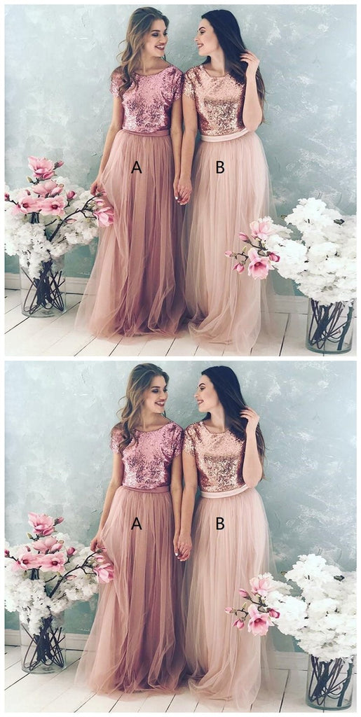 Sequin Bodice Tulle Skirt Cheap Long Bridesmaid Dresses With Sleeves, WGY0284