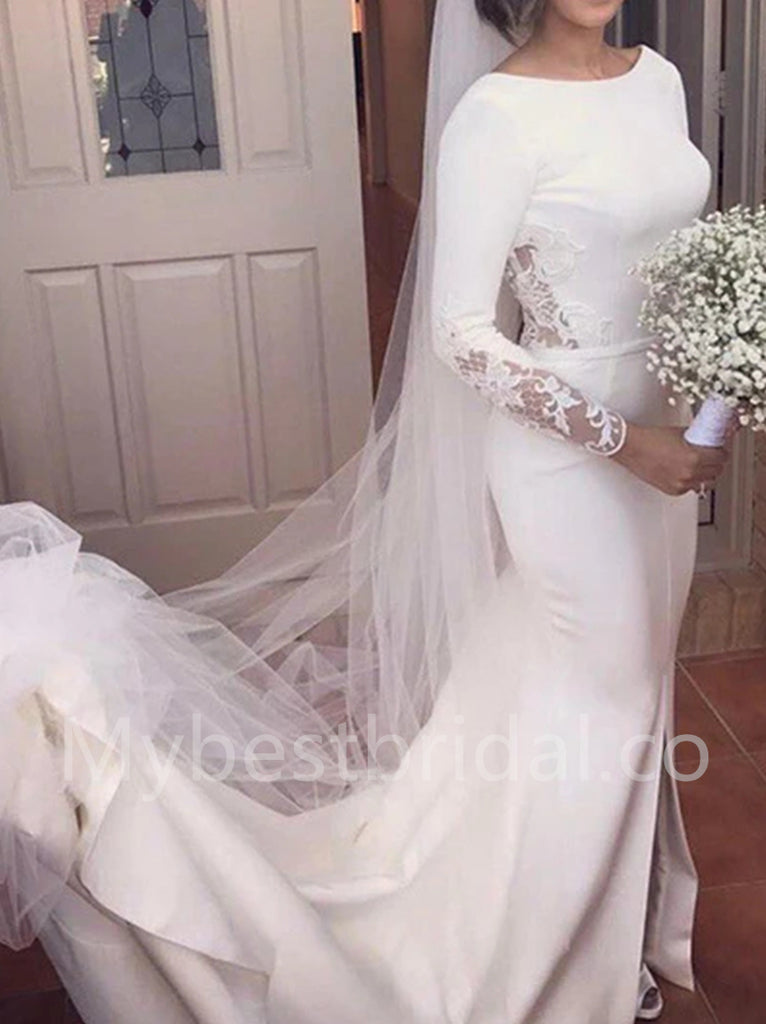 Elegant Long sleeves Side slit Mermaid Lace applique Wedding Dresses, WDY0293