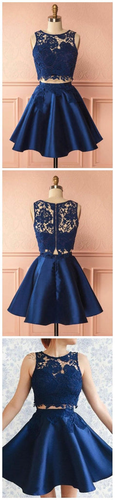 Sexy Two Pieces Navy Blue Illusion Lace Cheap Short Homecoming Dresses 2018, BDY0340