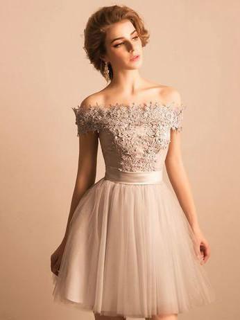 Cheap Lace Beaded Off Shoulder Cute Homecoming Dresses, BDY0194