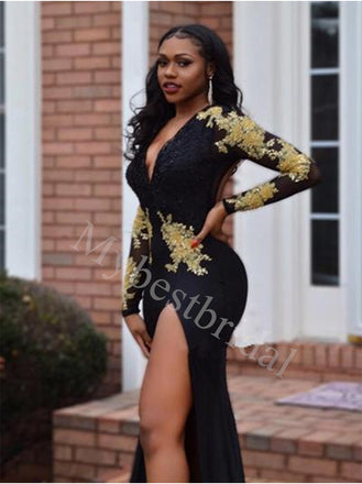 Sexy V-neck Long sleeves Side slit Mermaid Prom Dresses,PDS0873