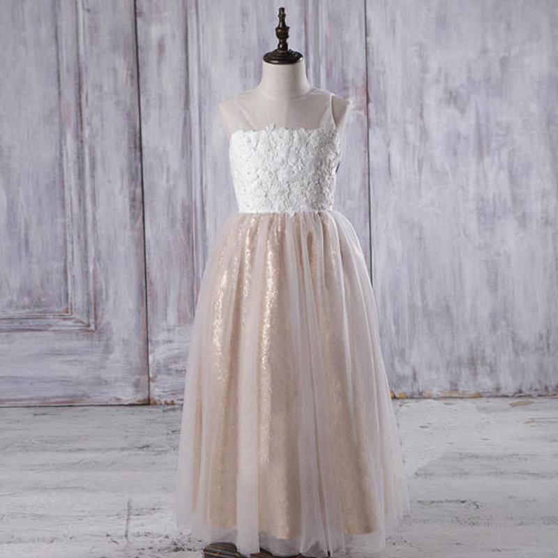 Illusion Ivory Lace Tulle Flower Girl Dresses With Gold Sequin Skirt, Cheap Junior Bridesmaid Dresses, FGY0127