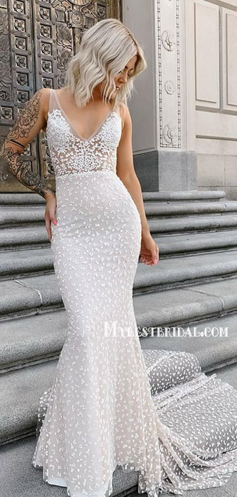 Sexy V-neck Mermaid Long Wedding Dresses Online, WDS0086