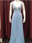 A-line V-neck Blue Lace Long Prom Dresses,Cheap Prom Dresses,PDY0515