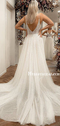 Popular V-neck A-line Beading V Back Long Wedding Dresses. WDS0106