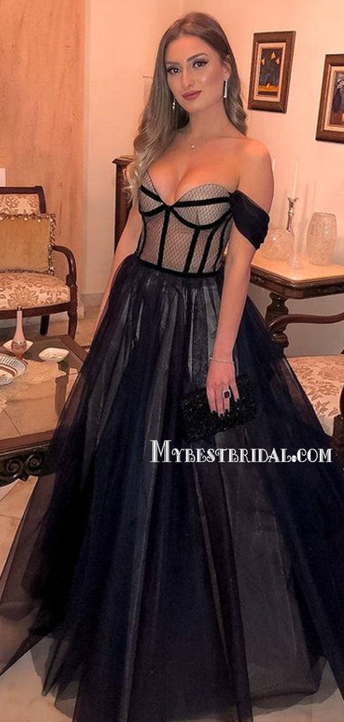 Newest Off-shoulder A-line Tulle Black Long Prom Dresses, PDS0210