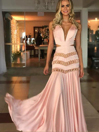 Mermaid V-neck Pink Satin Evening Dresses ,Cheap Prom Dresses,PDY0592