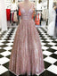 Shinning A-line V-neck Pink Tulle Evening Dresses ,Cheap Prom Dresses,PDY0612