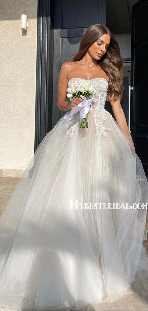 Simple Straight A-line Tulle Long Lovely Wedding Dresses,WDS0123