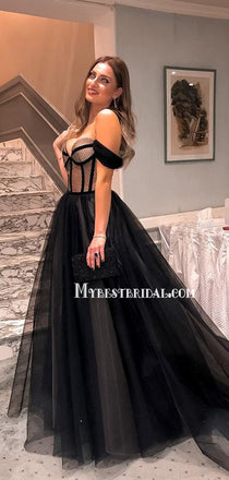 Newest Off-shoulder A-line Tulle Black Long Prom Dresses, PDS0210