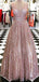 Shinning A-line V-neck Pink Tulle Evening Dresses ,Cheap Prom Dresses,PDY0612